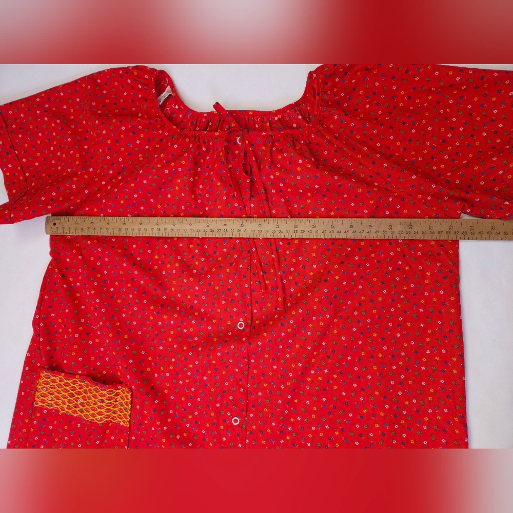 Vintage 80s Red Floral Snap Smock Craft House Dress Apron Womens Large - Picture 11 of 14